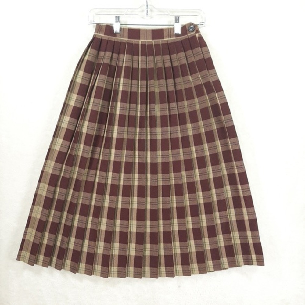 Flynn O'Hara Burgundy Tan Plaid Pleated School Uniform Skirt waist 26, length 28